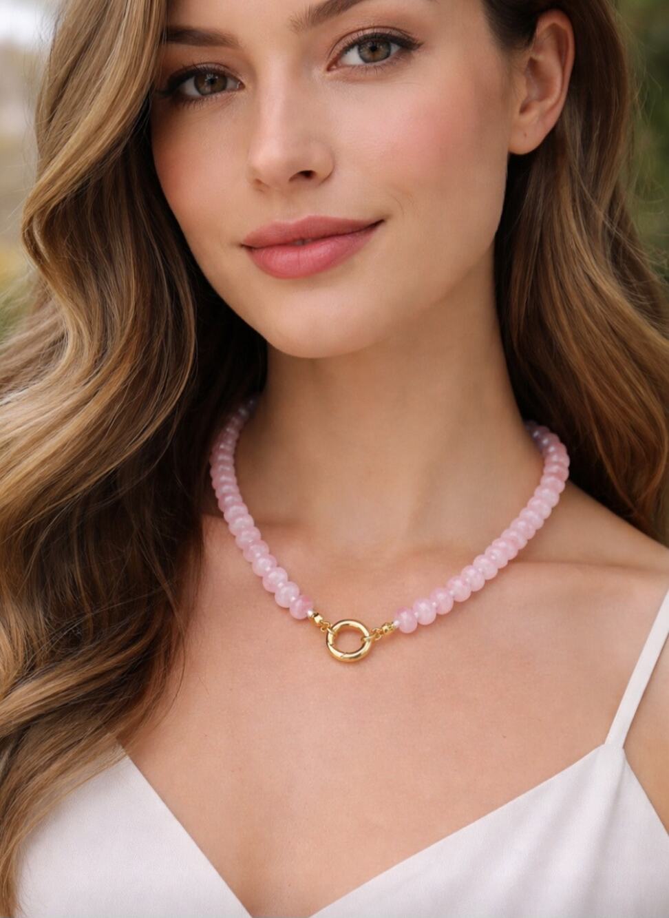Pink Bead Gold Charm Circle Necklace New